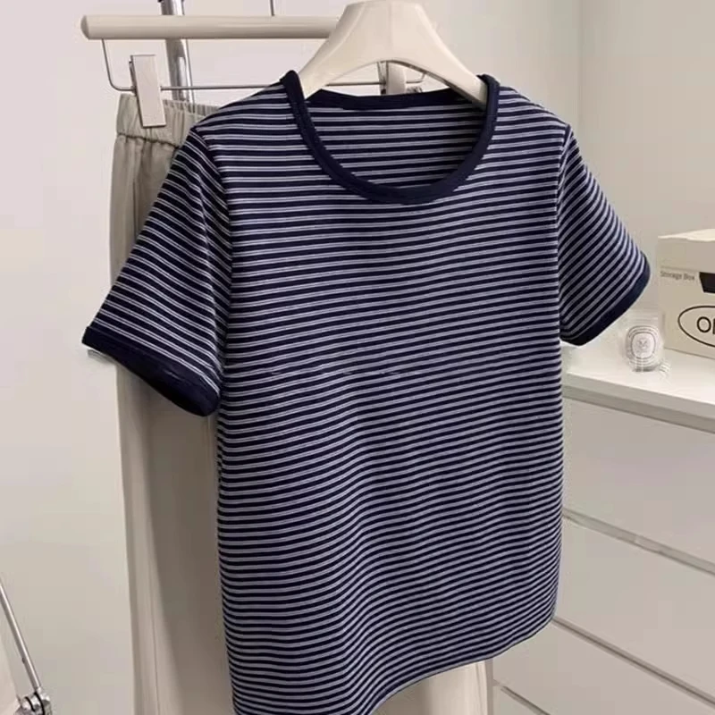 ~【海岛】磨毛棉显瘦条纹文艺修身短袖T