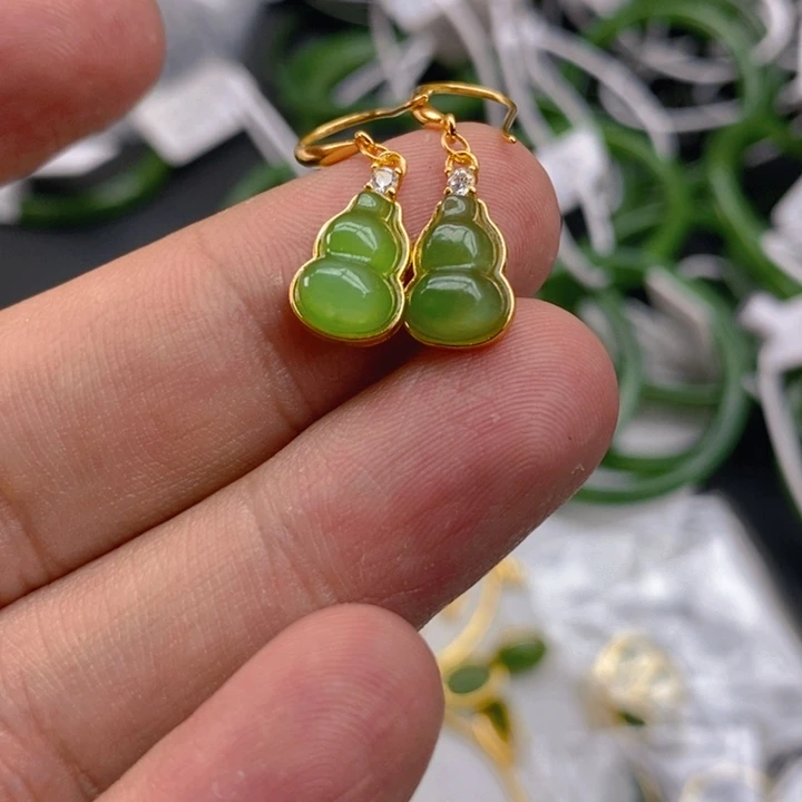 和田玉（碧玉）耳饰银S925镀金镶嵌