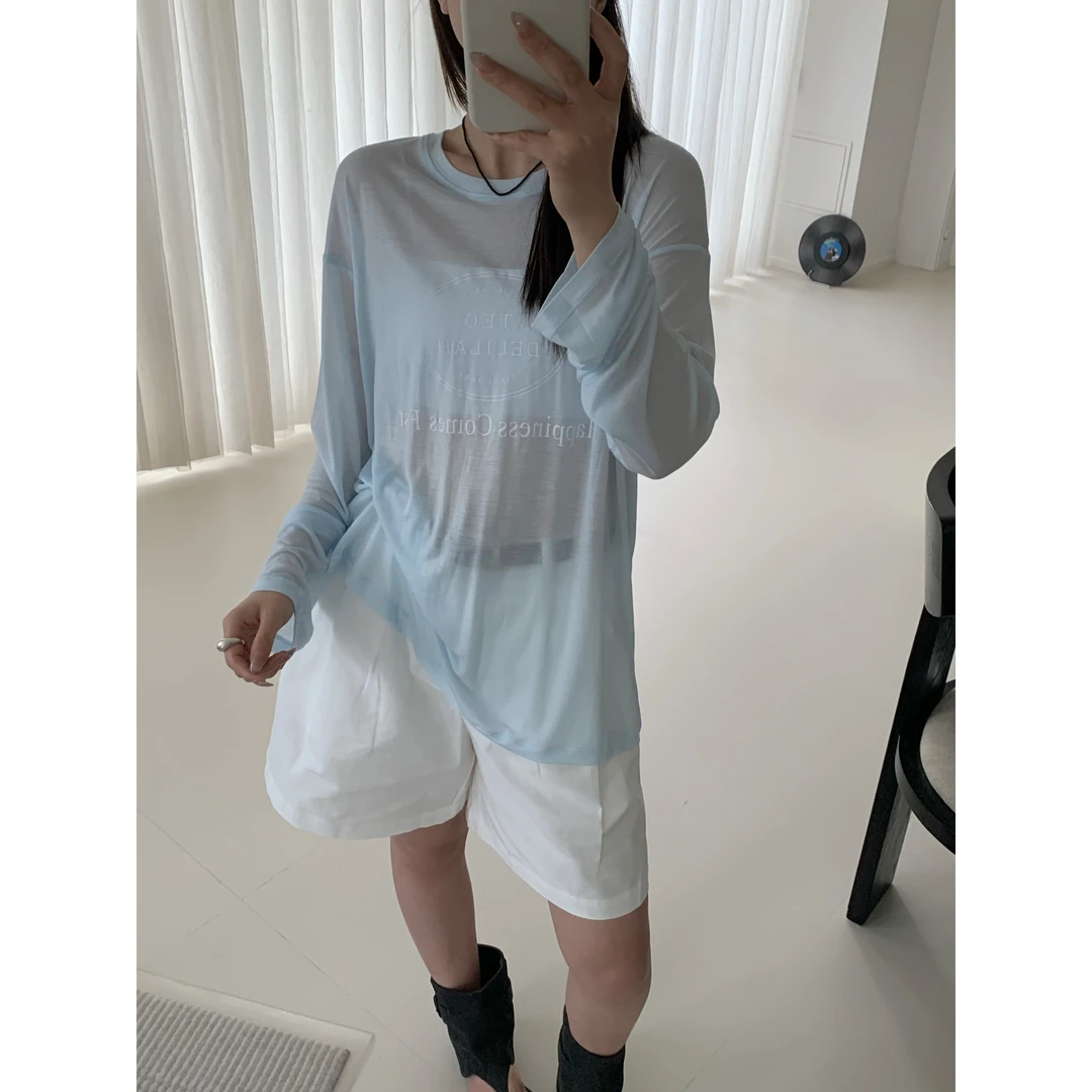 “100天丝”轻薄印花圆领长袖罩衫上衣宽松#10213