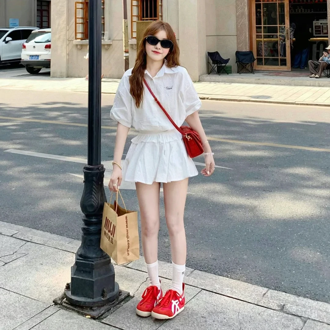 B471+B472法式白色短袖衬衫连衣裙子夏季小个子收腰蓬蓬短裙套装