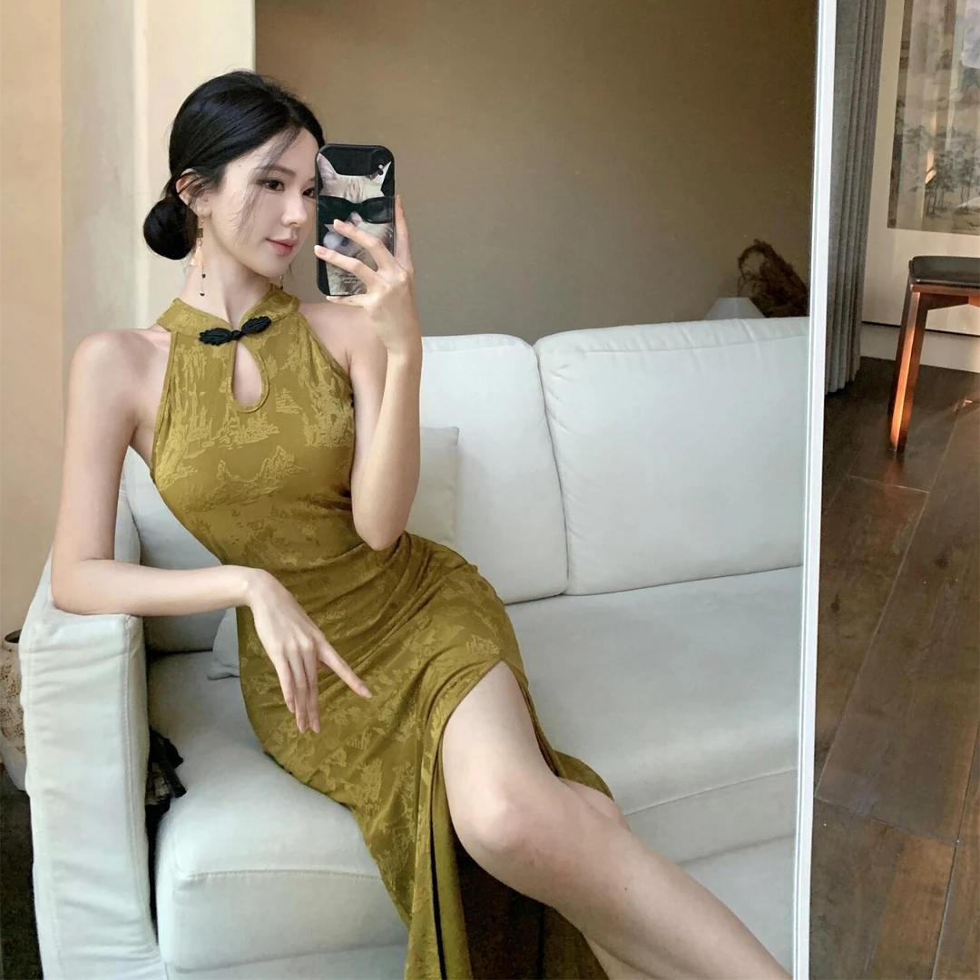 夏季新款复古气质立领盘扣镂空刺绣无袖修身显瘦新中式国风连衣裙