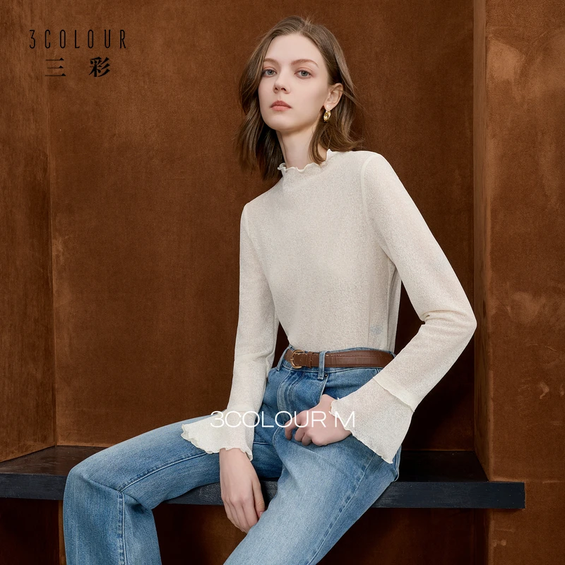 【双12好物】三彩2025秋季新款半高领小衫木耳边喇叭袖上衣打底衫女
