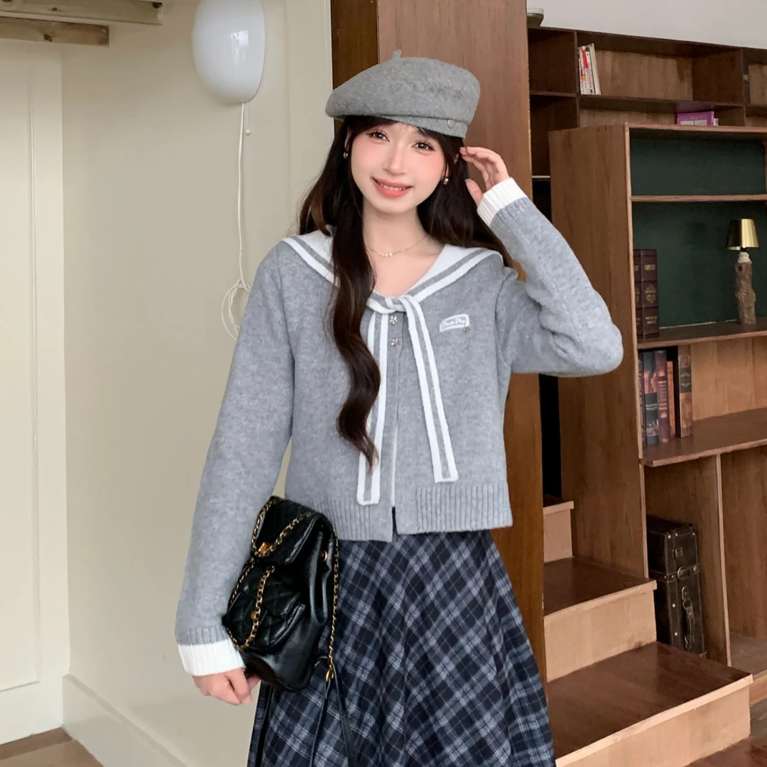 慕兔法式休闲百搭海军领长袖针织开衫女2025秋季新款百搭显瘦上衣