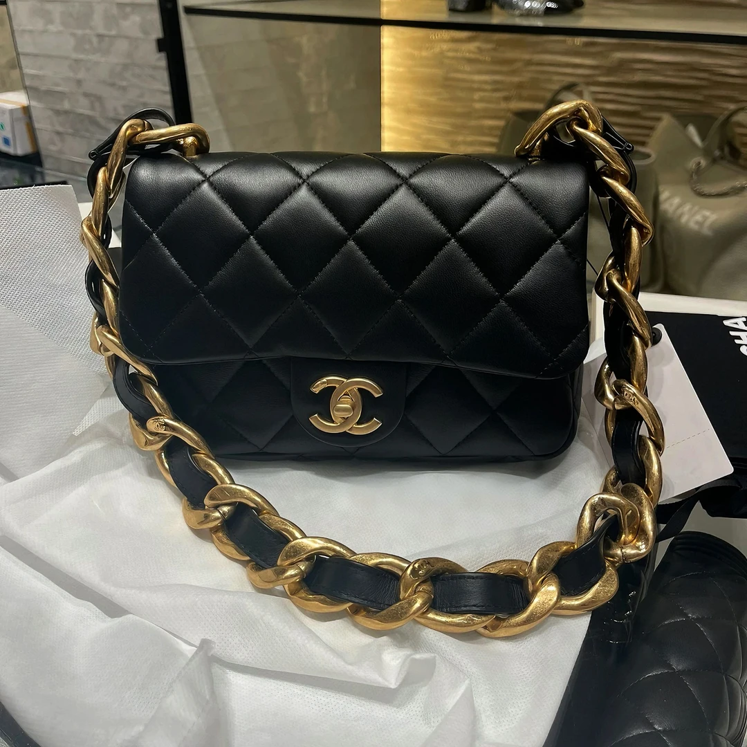 99新 Chanel/香奈儿 5842|香奈儿粗链条cf黑金芯片新款大迷你单肩