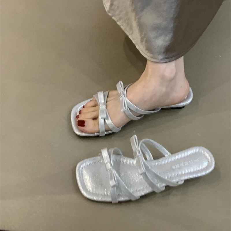 法式仙女风温柔蝴蝶结凉拖鞋女夏气质优雅晚晚风露趾坡跟一字凉鞋