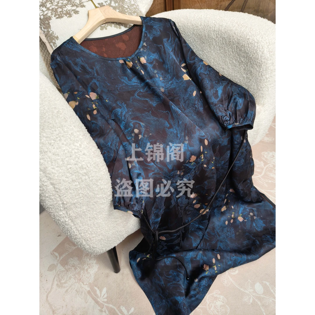 399新中式蓝花口袋圆领连衣裙侧开叉夏季气质国风提花百搭时尚