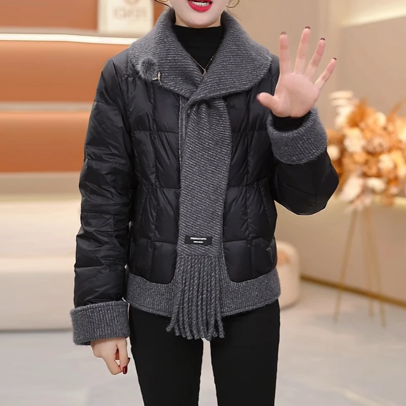 时尚拼接短款羽绒服女2025年冬季新款宽松妈妈装显瘦保暖加厚外套