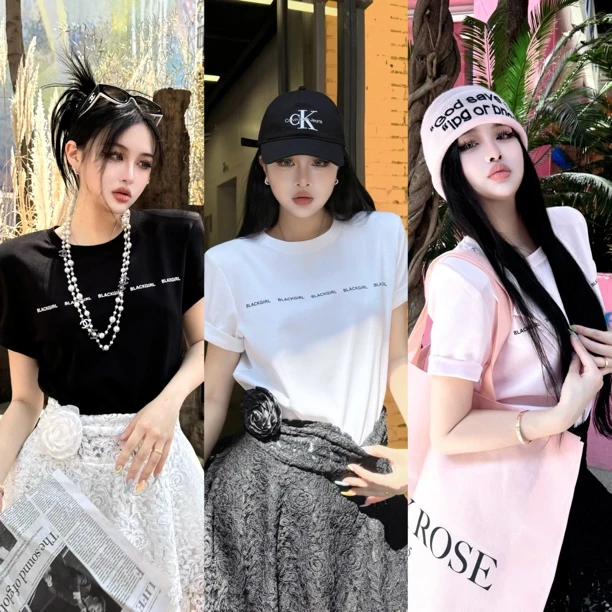 Blackgirl新款【楚门世界】ins风极简字母高级感直角肩T恤短袖上衣