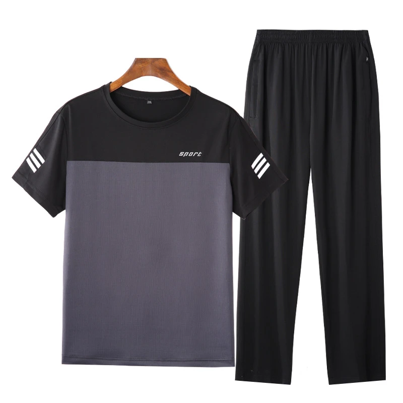 爸爸夏装套装冰丝中年人男士短袖t恤父亲节衣服运动休闲宽松锻炼