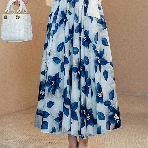 2025新款时尚洋气蓝色印花半身裙女夏大摆显瘦A字长裙带口袋