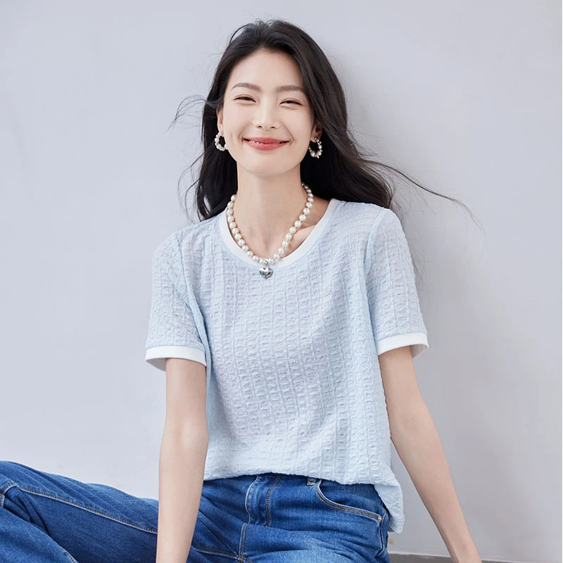 OSA/欧莎 小清新蓝色短袖T恤女夏季轻薄舒适体恤上衣S125B11047