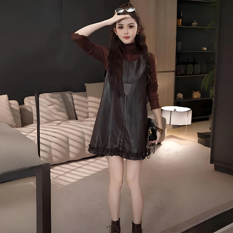 巨好看的秋装一整套高领t恤打底衫木耳花边皮背心连衣裙两件套女