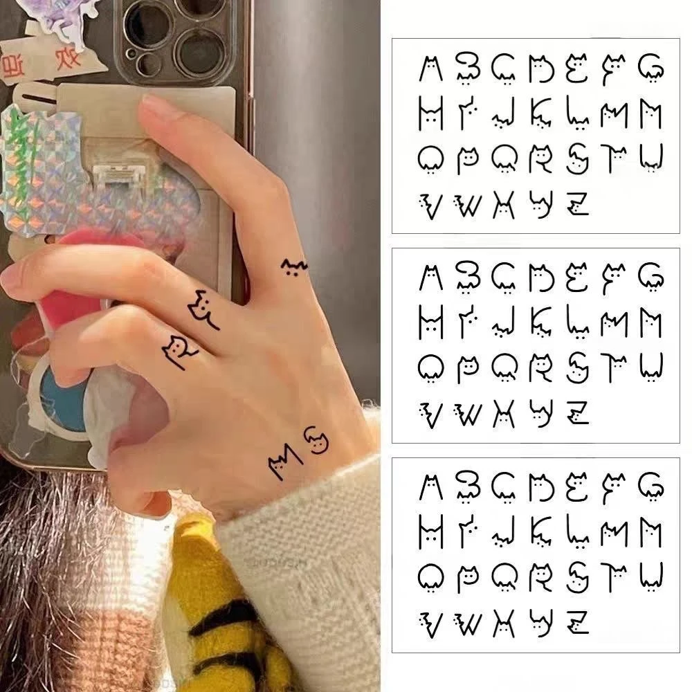 小猫字母纹身贴纸男ins风 手指防水女可爱可水洗持久仿真纹身贴纸