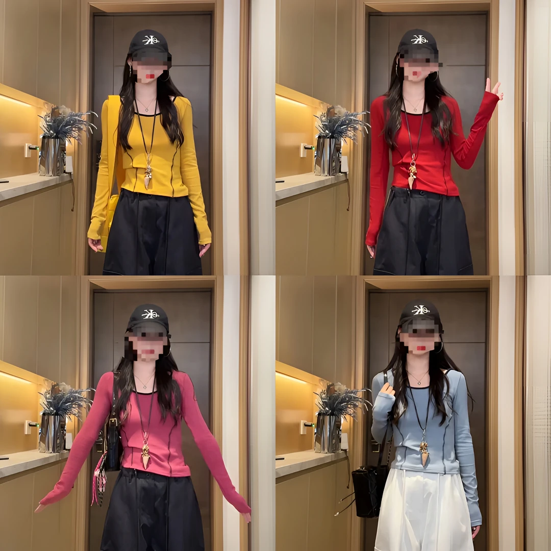 2025秋冬新款极简风拼色圆领显瘦长袖T恤修身百搭套头打底上衣女