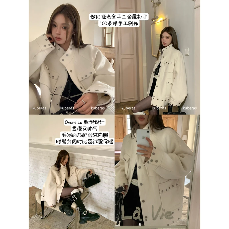 KUBERAS 原创设计“重工铆钉”宽松立领加厚毛呢大衣工装羽绒外套
