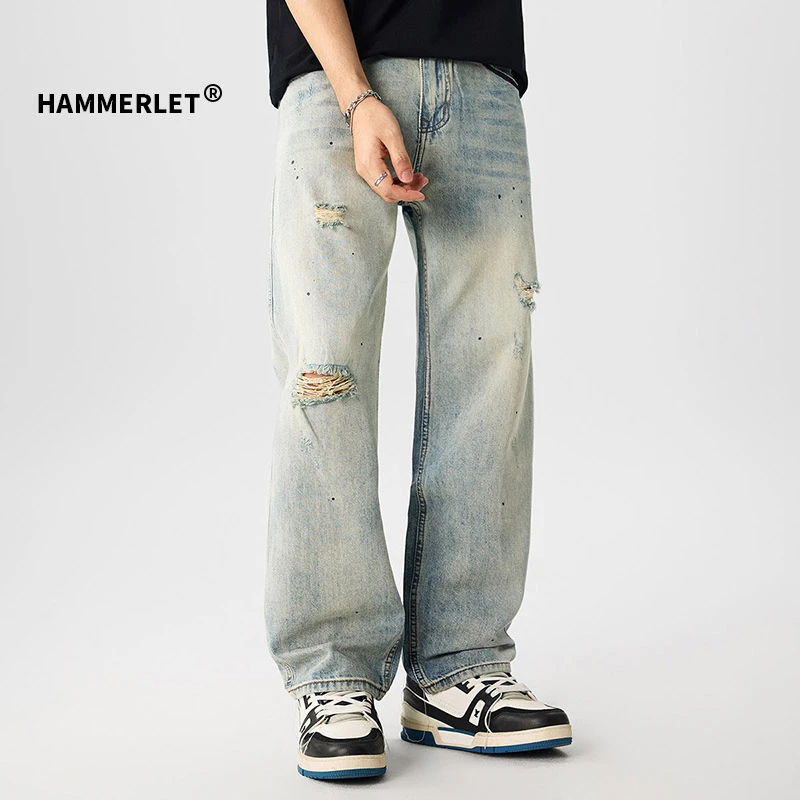 原创设计男士牛仔裤宽松直筒破洞泼墨复古夏季潮牌休闲裤子水洗