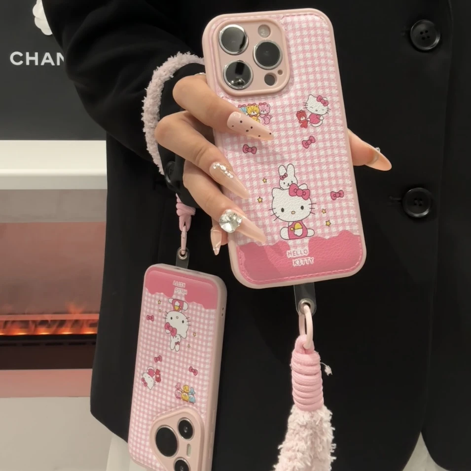 GGBond韩风粉格KT挂绳适用苹果17/16气垫手机壳华为vivo小米oppo