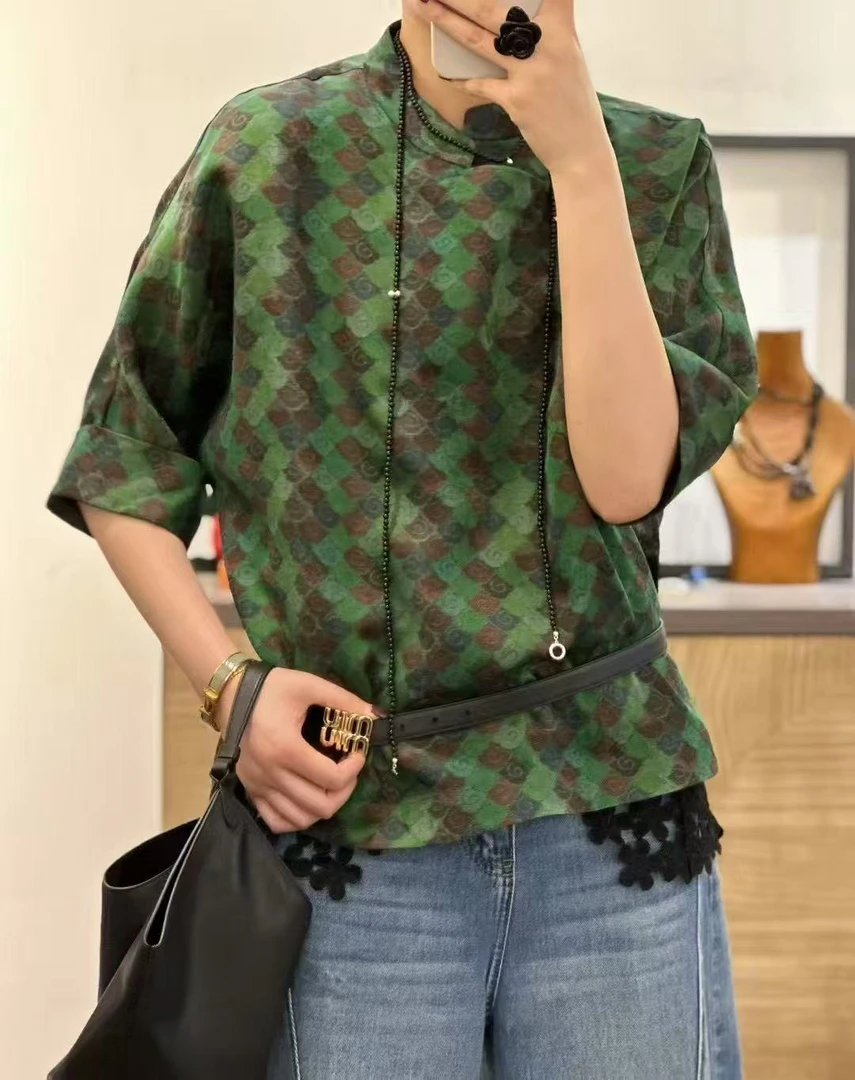 谢美丽-精选绿色倒卷中袖衬衫新中式