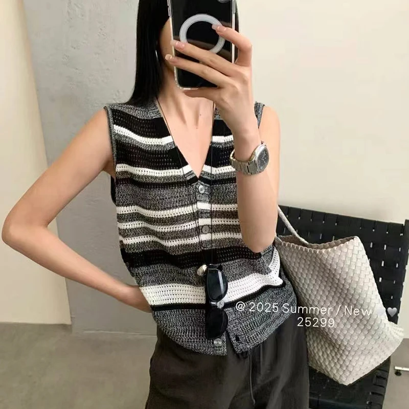 「花纱马甲」条纹V领针织马甲夏季薄款外穿气质V领无袖上衣-2873