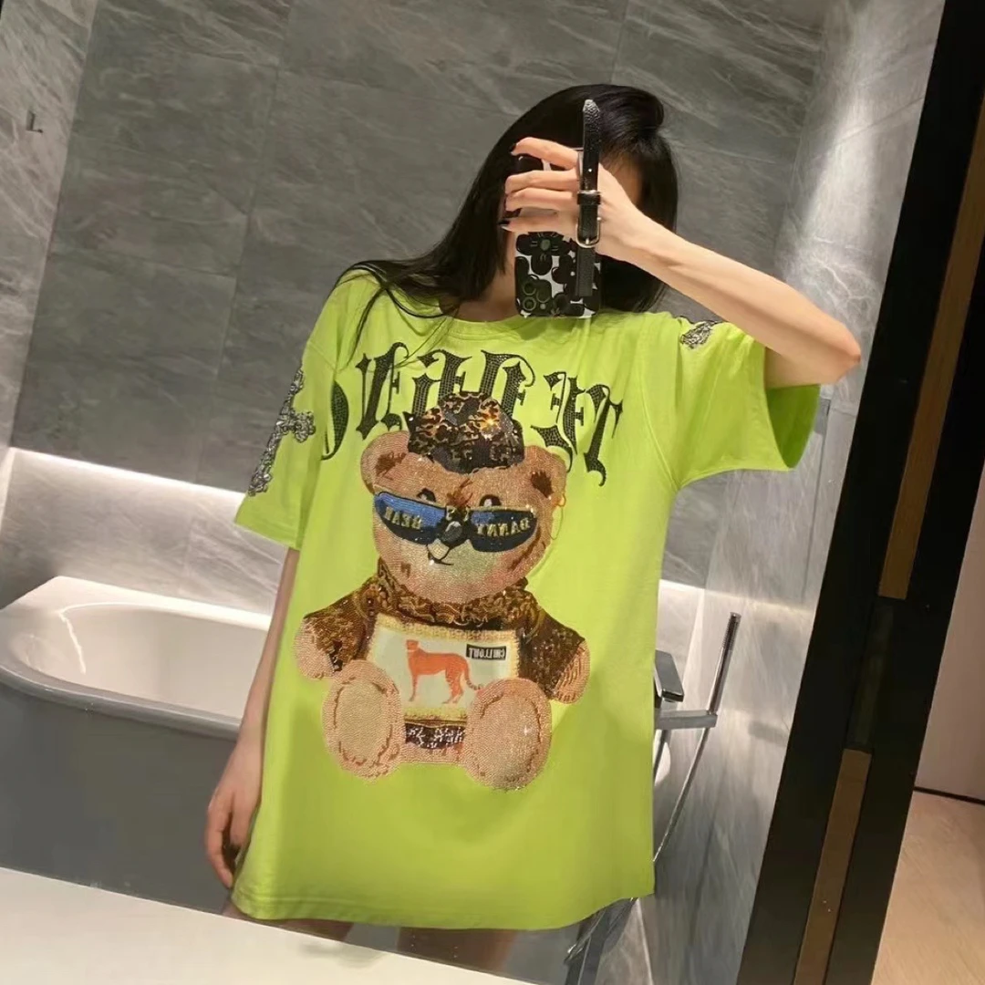 烫钻透气常规款T恤重工中长款墨镜熊卡通印花休闲百搭夏季时尚