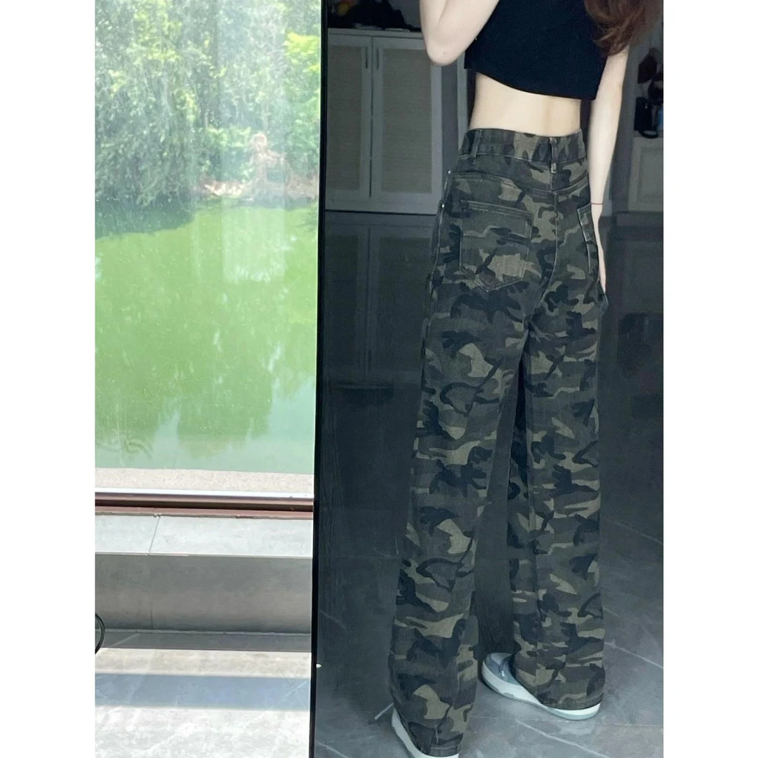 淳启迷彩军绿色工装牛仔裤女夏季热辣低腰阔腿裤港味复古窄版长裤