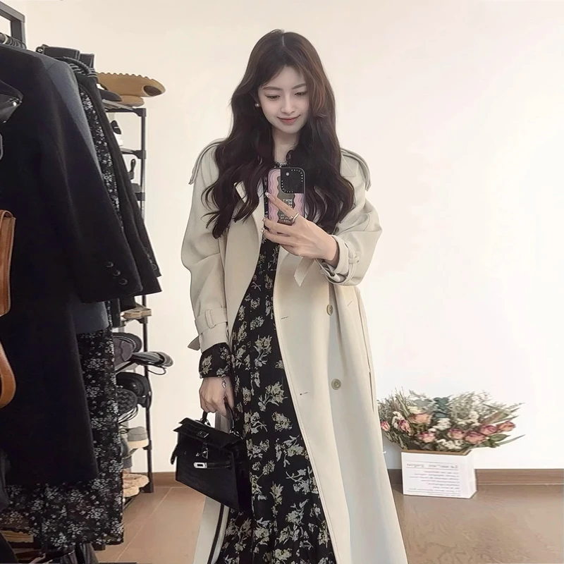 米白色风衣外套女小个子2025春秋中长款英伦风收腰显瘦高级感大衣