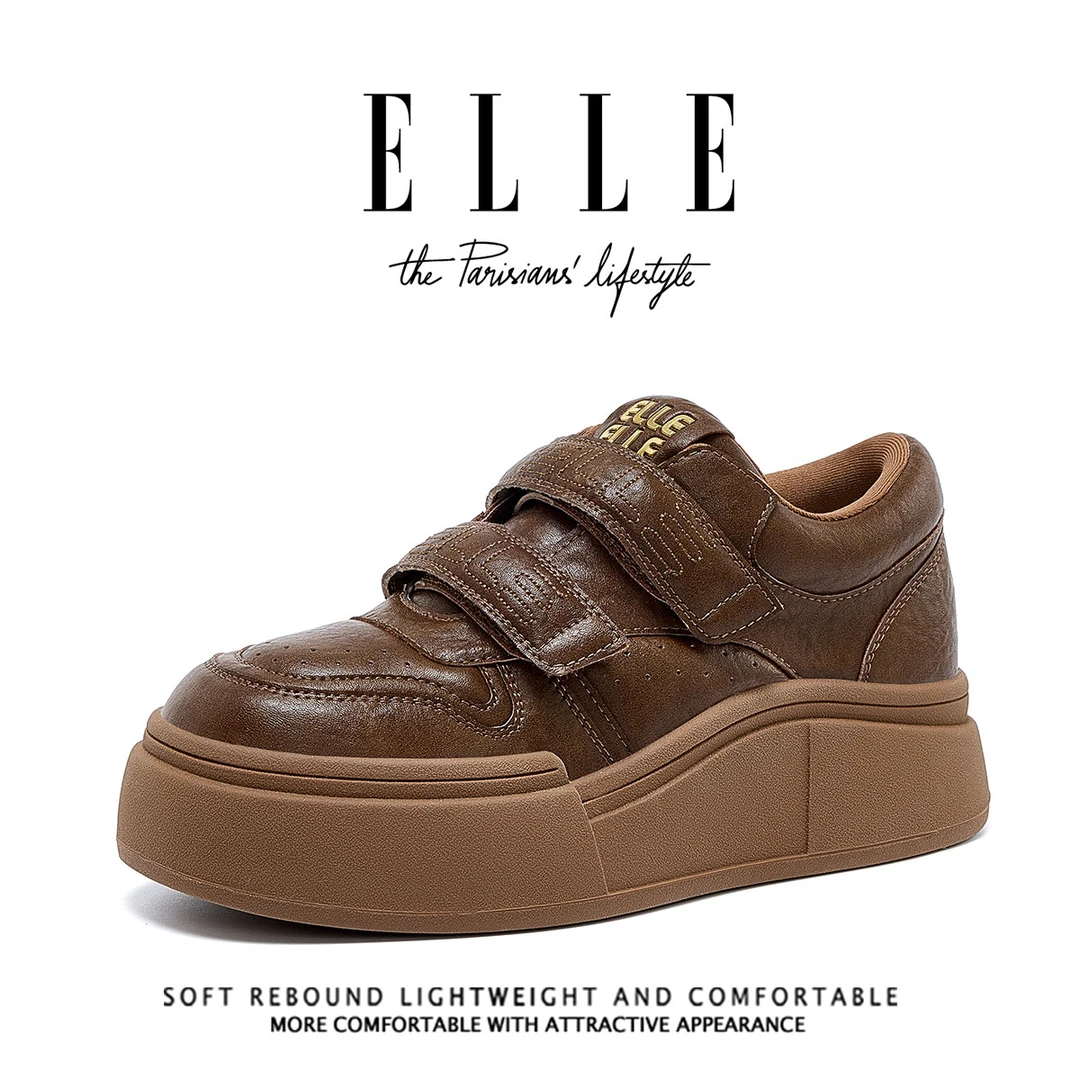ELLE女鞋擦色做旧复古魔术贴运动鞋厚底减龄小白鞋防滑软底板鞋潮