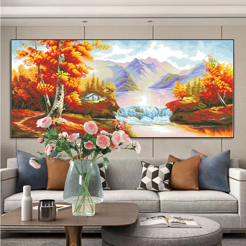 新款钻石画流水生财山水风景画满钻全贴魔方圆钻石画卧室客厅贴钻