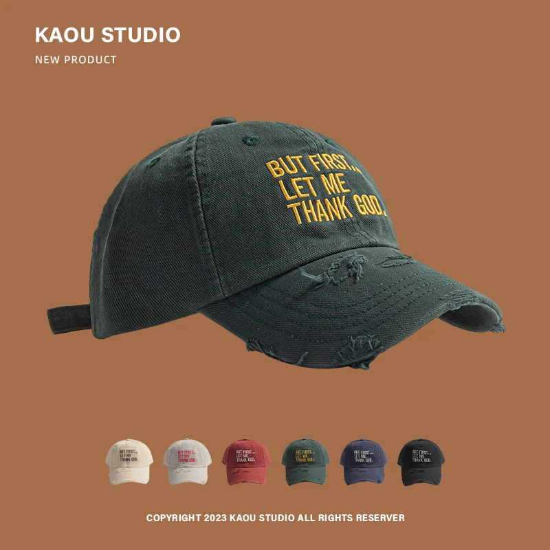 美式字母刺绣破洞棒球帽潮男大头围棒鸭舌帽软顶亲子太阳帽子女