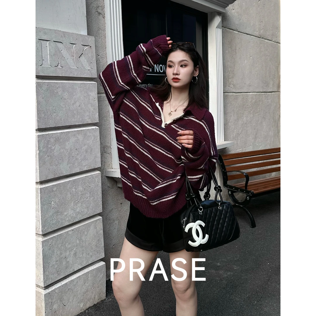 PRASE·噜【美式POLO】绵羊毛宽松秋冬撞色条纹套头针织毛衣PR510S99