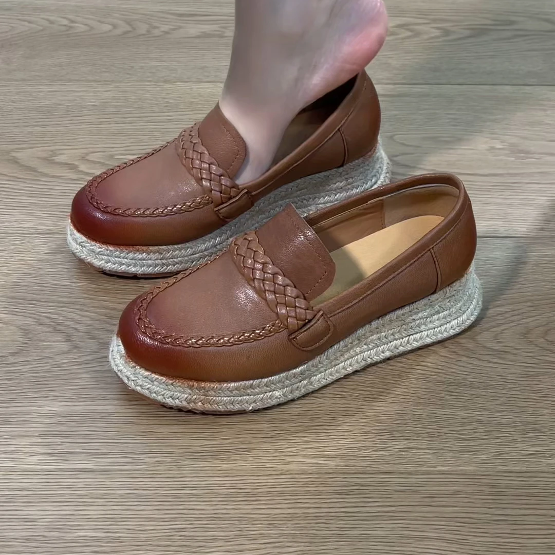 2025新款草编通勤坡跟舒适单鞋复古手工喷色编织一脚蹬厚底单鞋女