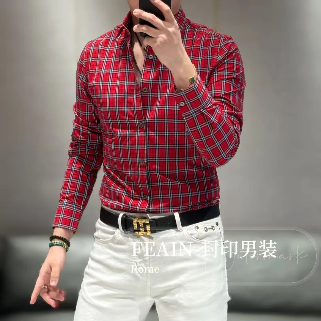 【100%棉】高端定制经典撞色格纹设计修身裁剪长袖衬衫25603