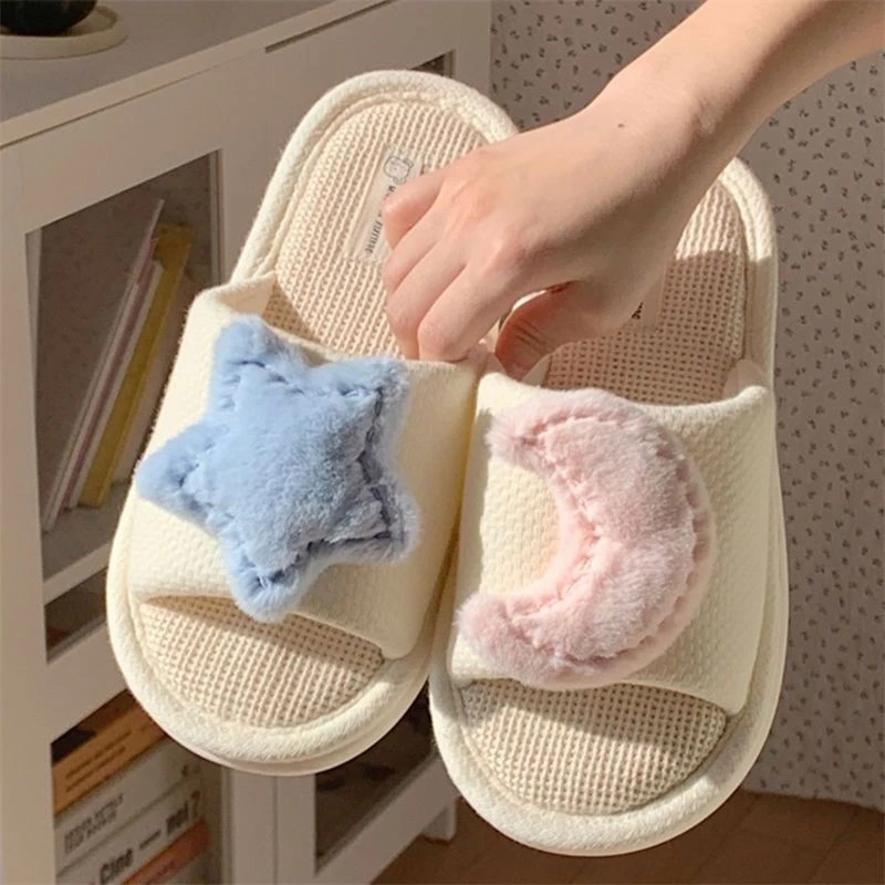 星月亚麻拖鞋四季吸汗情侣拖鞋家用防滑软底少女春秋款地板拖鞋女