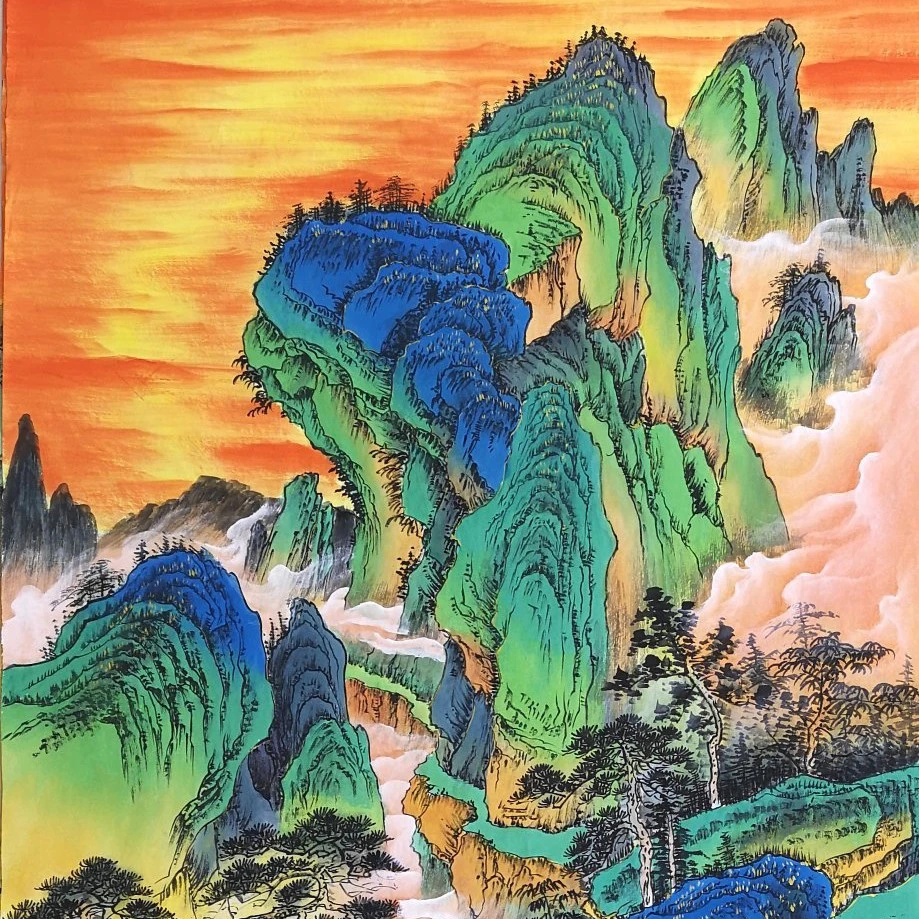 金线青绿山水国画客厅书房过道办公室装饰画