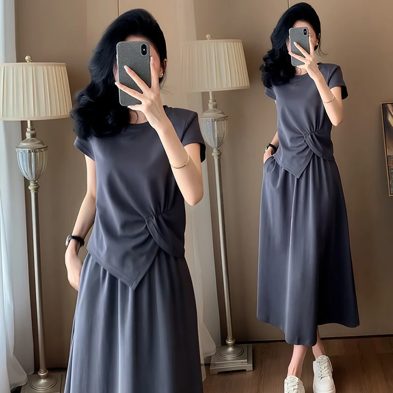 小个子休闲套装女2025年夏季新款洋气减龄不规则短袖半身裙两件套