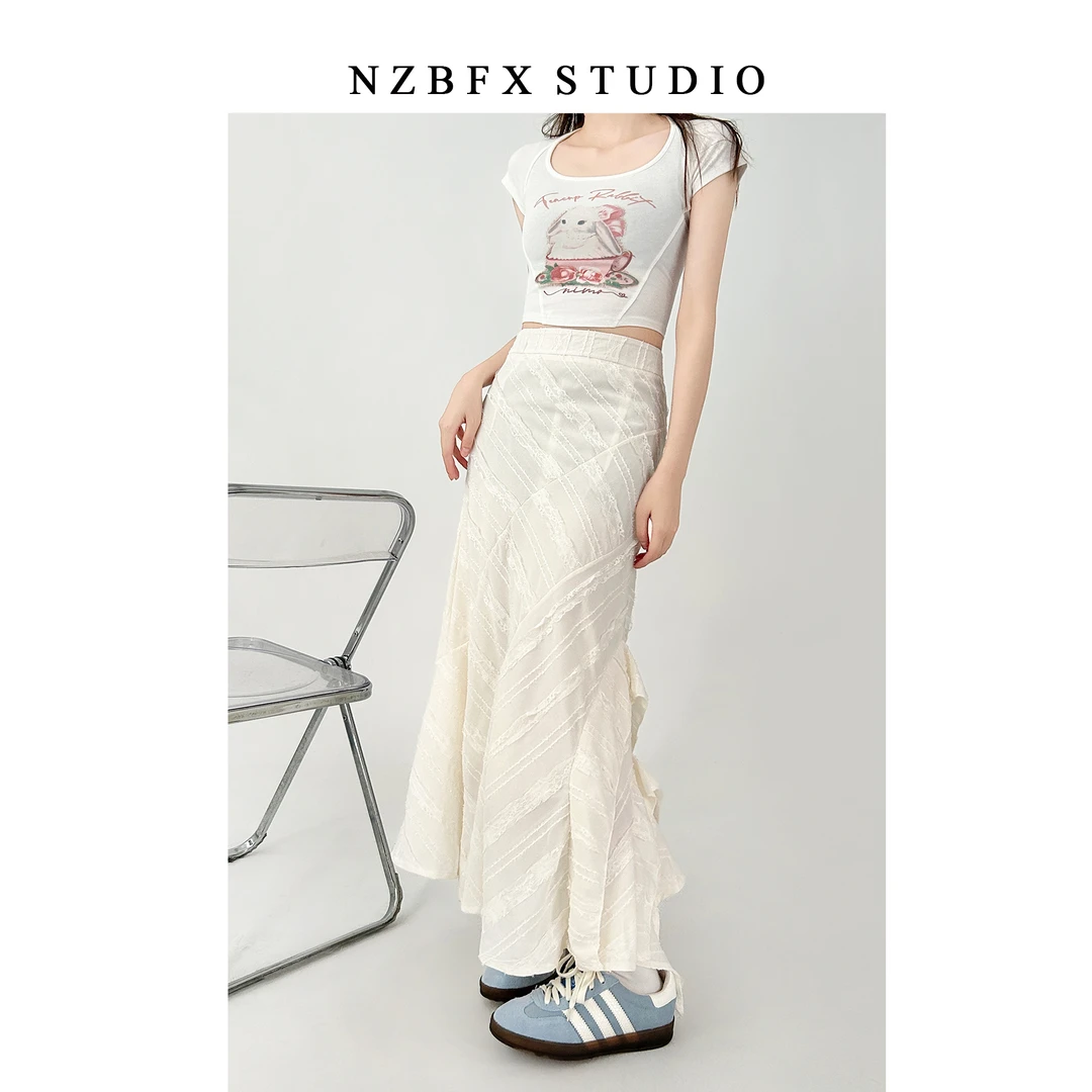 大码胖mm设计感小众不规则白色半身裙女拼接高腰侧开叉鱼尾裙9158