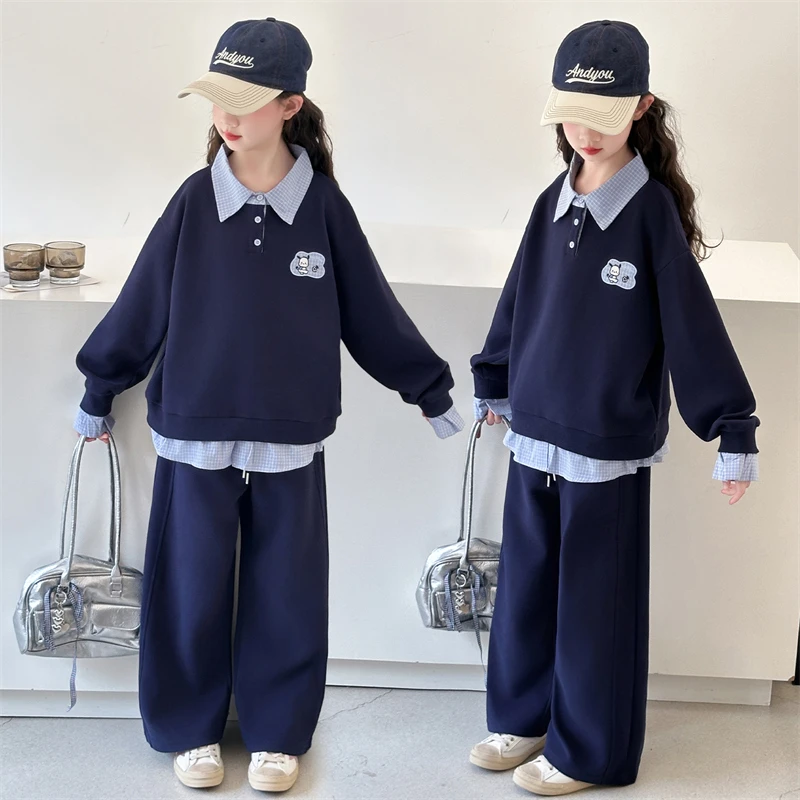 女童秋季卫衣套装2025新款格子拼接6-12岁中大童洋气韩版时尚潮酷