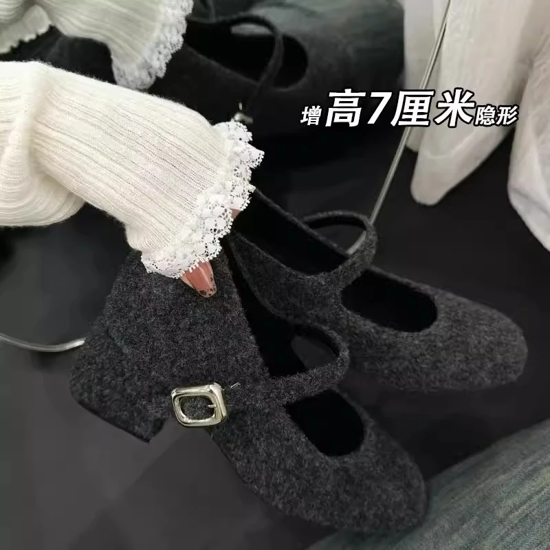 小个子7cm内增高复古毛呢子女鞋方头一字带粗高跟玛丽珍浅口单鞋
