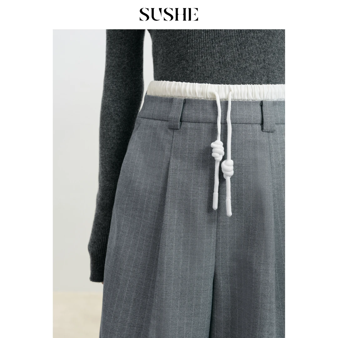 束皙SUSHE 月归来 实穿主义羊毛条纹撞色双腰头直筒个性西装裤女