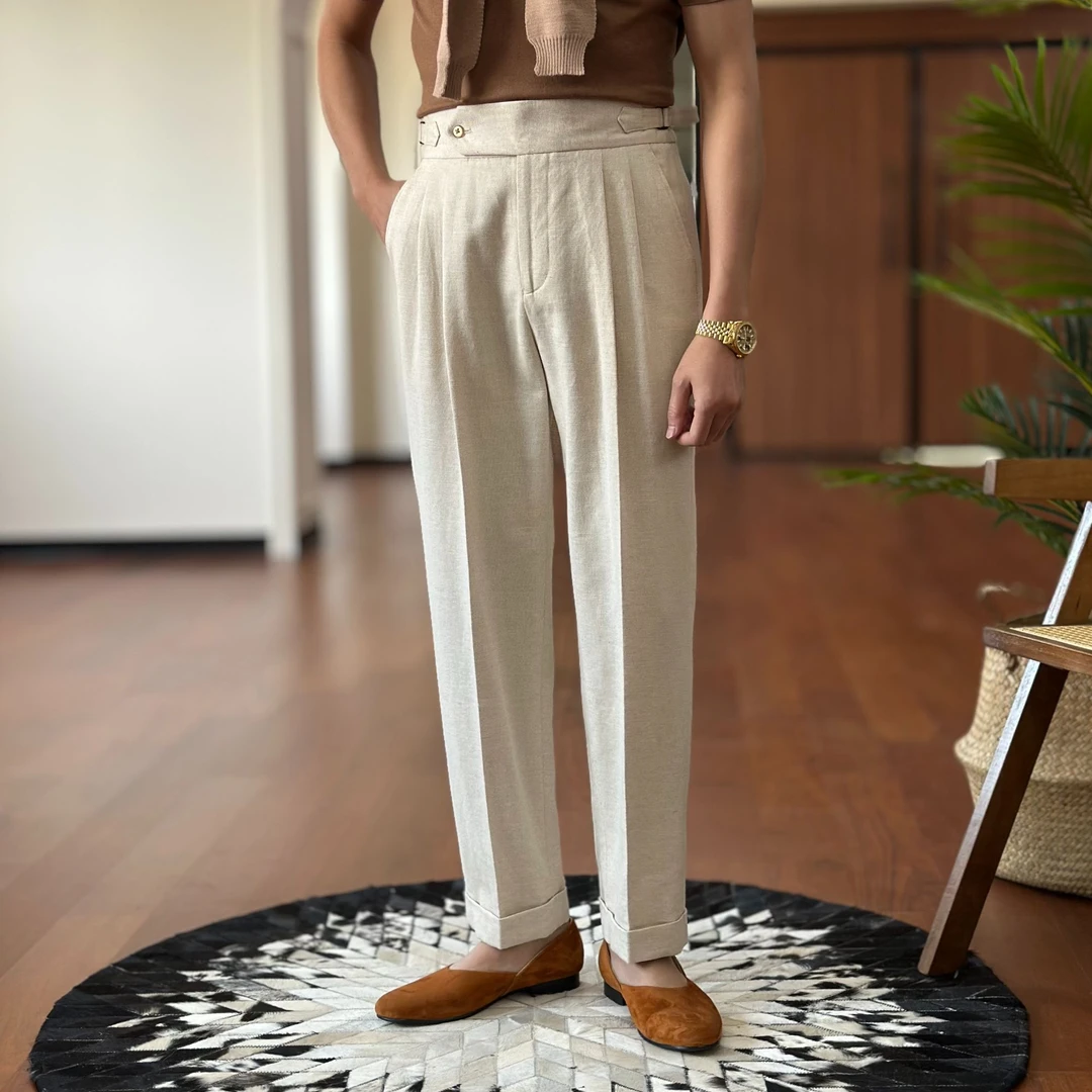 复古伦仕春夏抗皱免烫百搭高腰直筒西裤那不勒斯商务通勤长裤男潮