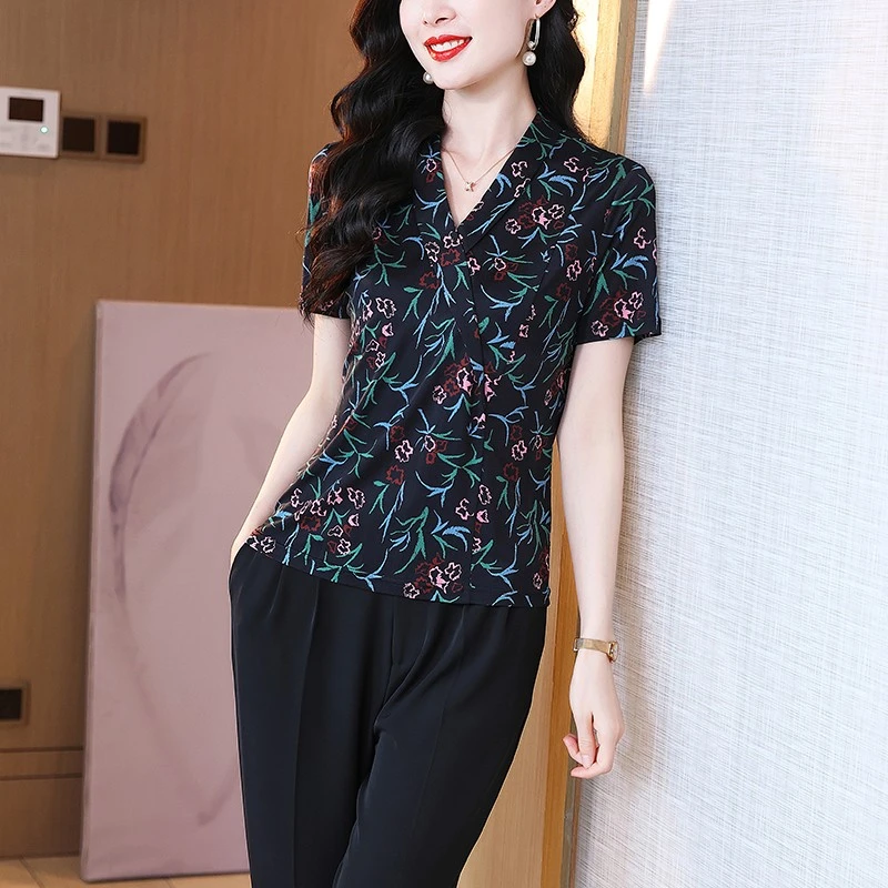 桑蚕丝短袖T恤女真丝印花V领青果领休闲宽松针织打底上衣