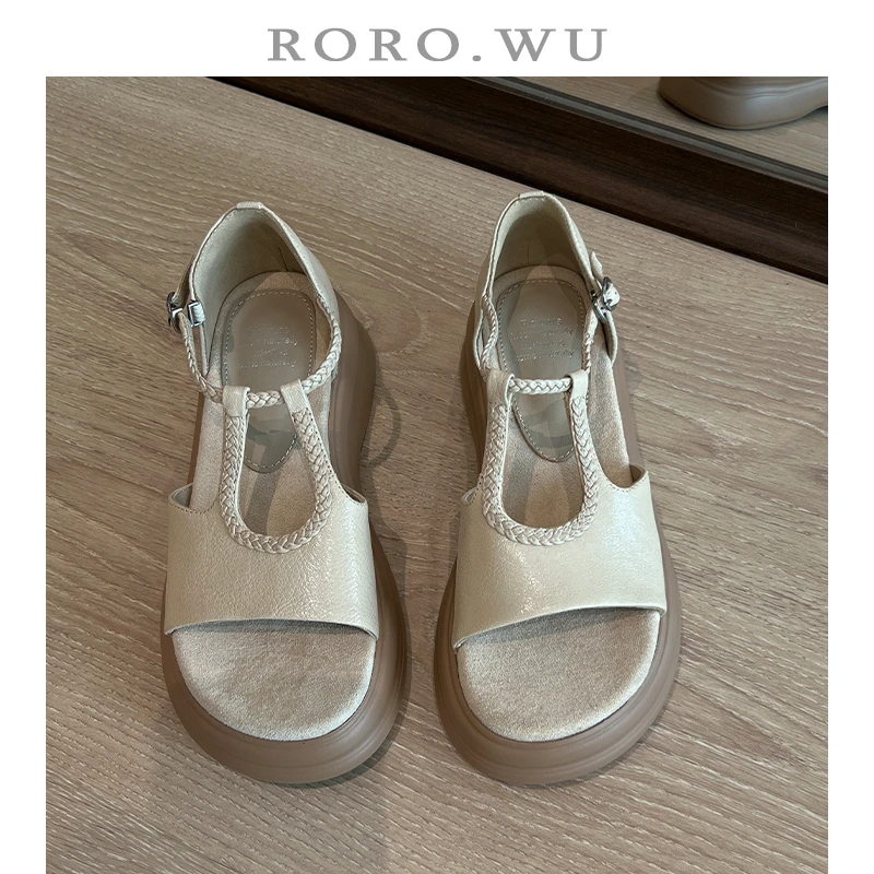 娆娆吴·牛皮夏季增高厚底编织扣带舒适百搭减龄通勤休闲凉鞋T529