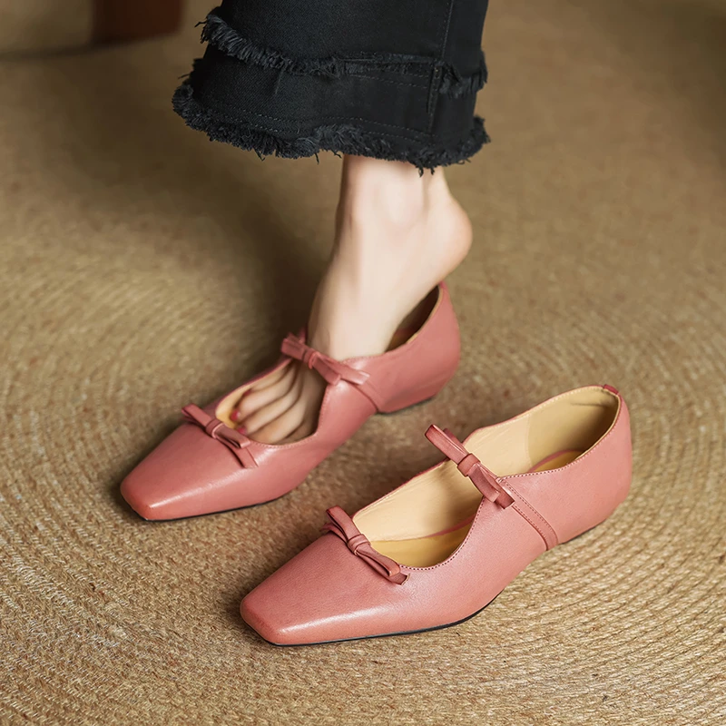2025年春秋新款法式玛丽珍鞋女复古百搭中跟真皮蝴蝶结浅口单鞋女