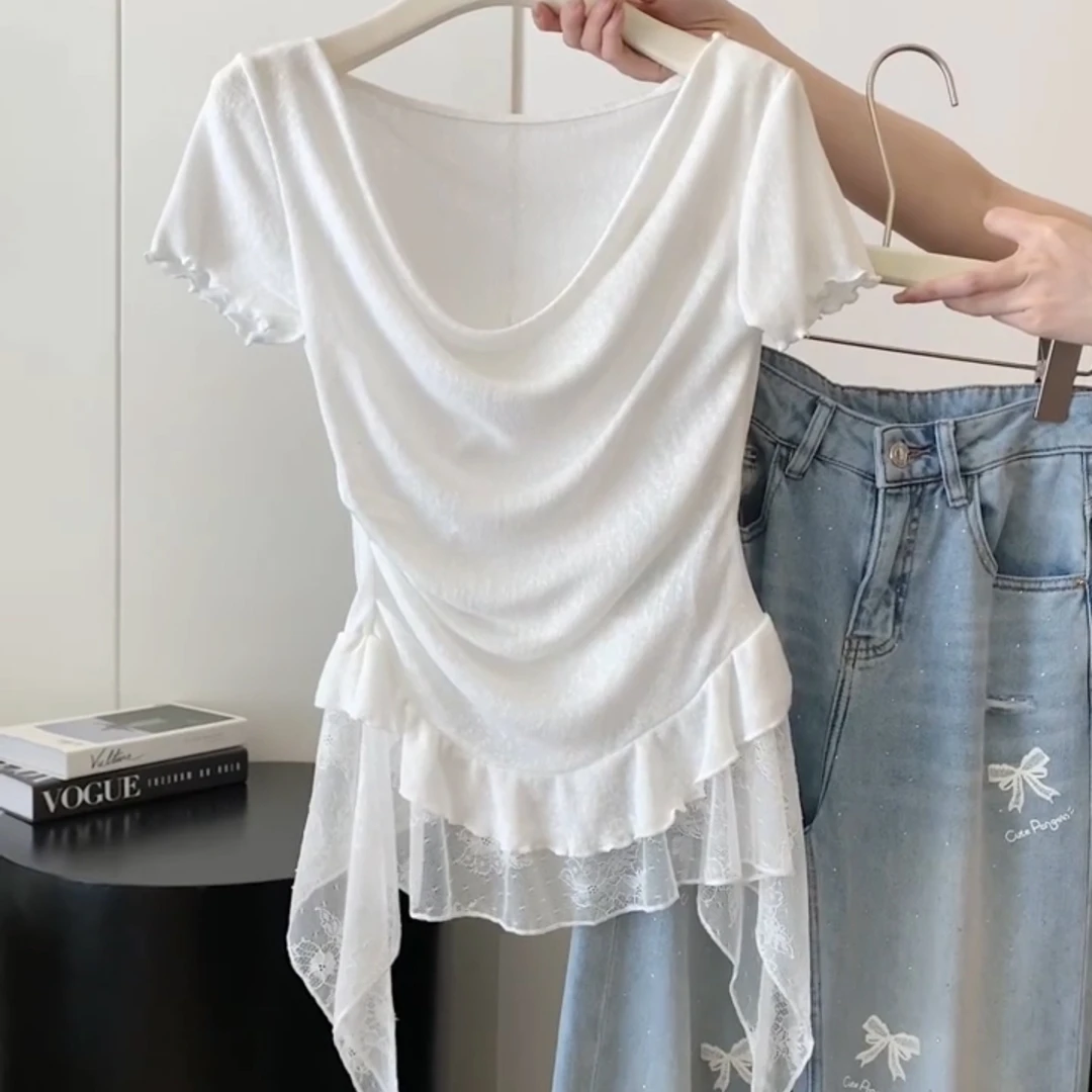白色拼接荷叶蕾丝花边荡领小衫T恤女夏季辣妹性感显瘦正肩短袖T恤
