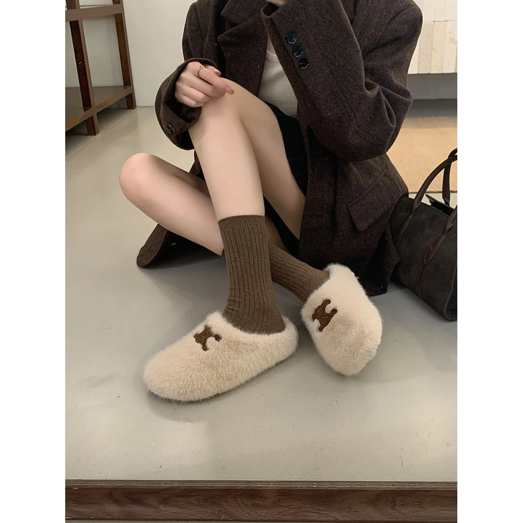 AL-A93-3韩版方头刺绣字母毛毛鞋女新款百搭加绒厚底保暖包头拖鞋