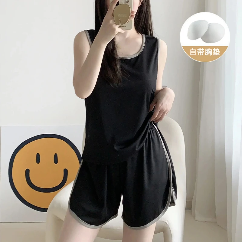 睡衣女款夏季冰丝螺纹无袖吊带背心带胸垫可外穿家居服纯色两件套