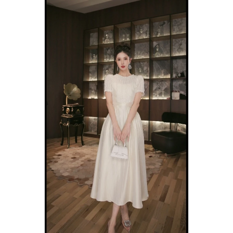 法式赫本风名媛小个子显瘦优雅时尚白色连衣裙气质长裙裙子45177
