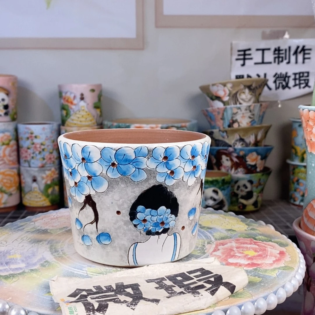 紫砂花盆红陶手绘花盆