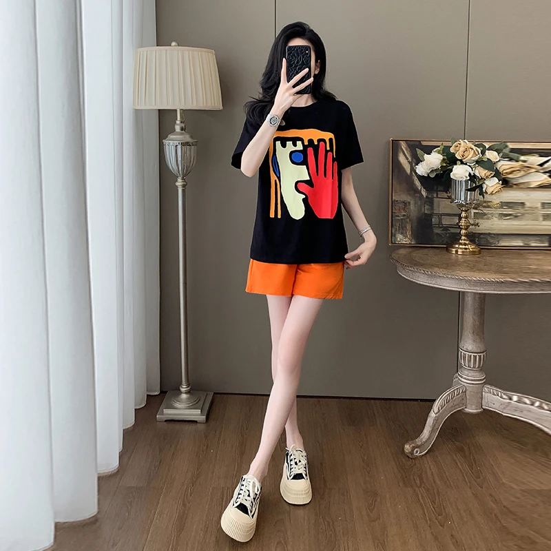时尚休闲运动套装2025新款宽松大板t恤短裤减龄显瘦凉爽大方女潮