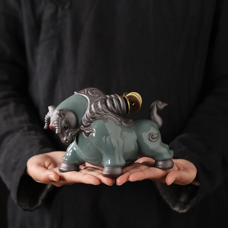 创意哥窑开片茶宠摆件桌面客厅吉祥十二生肖牛精品可养功夫茶配件
